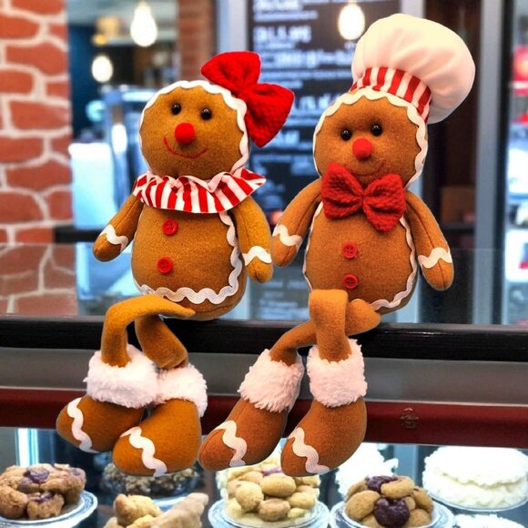 Gingerbread Girl Gingerbread Boy Shelf Sitters Christmas Decor Chef Hat Bow Set - Picture 1 of 8